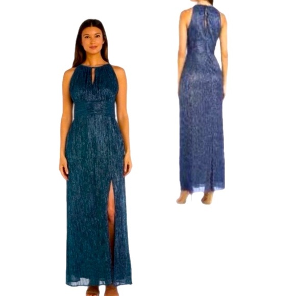 Sleek Metallic Deep Blue Halter Maxi Empire Waist Thigh Slit Evening Gown 12 USA - Picture 1 of 9